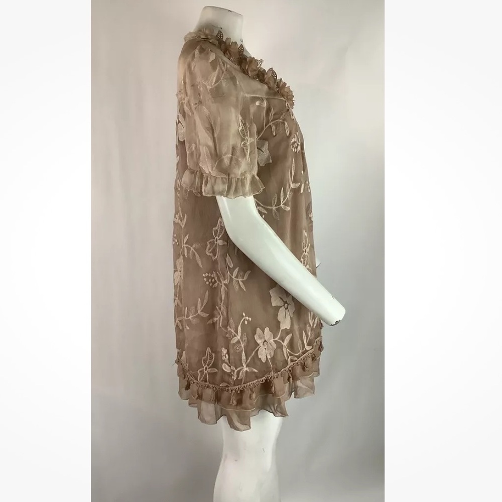 Pretty Angel Sz S Chiffon Babydoll Embroidered Floral Dress Brown Silk Blend - Picture 4 of 7